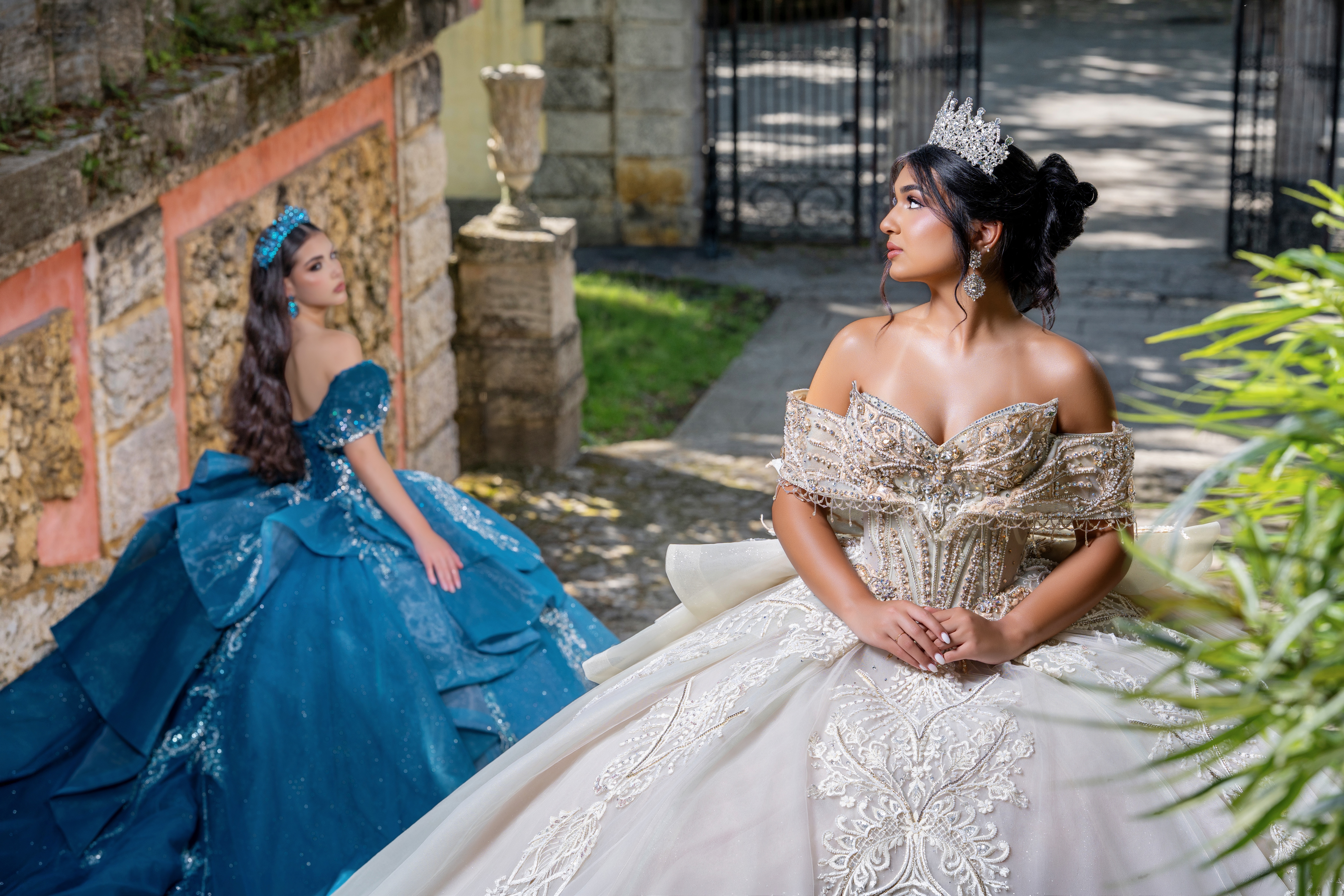 Two Aqua Luna quinceañera gowns photographed on location